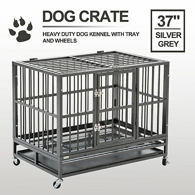 Xl 37”  Dog Cage Crate Heavy Duty Strong Metal Pet Kennel Playpen W/ Wheels Tray