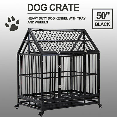 42" Dog Crate Cage Movable Pet Kennel Cat House W/caster Wheels Tray 2 Doors