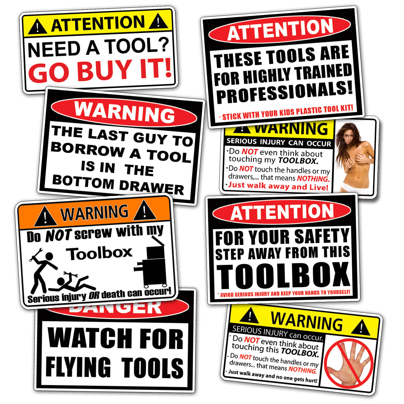 Toolbox Warning Sticker Pack Tool Box Shop Garage Mechanic Wall Door Sign Decal
