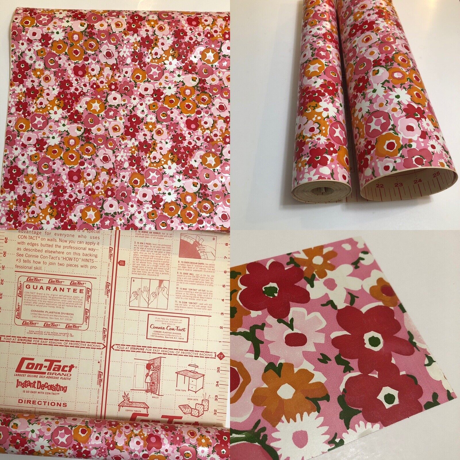 45 Ft Vintage Contact Paper Shelf Liner Wall Roll Pink Floral Gorgeous 1960s