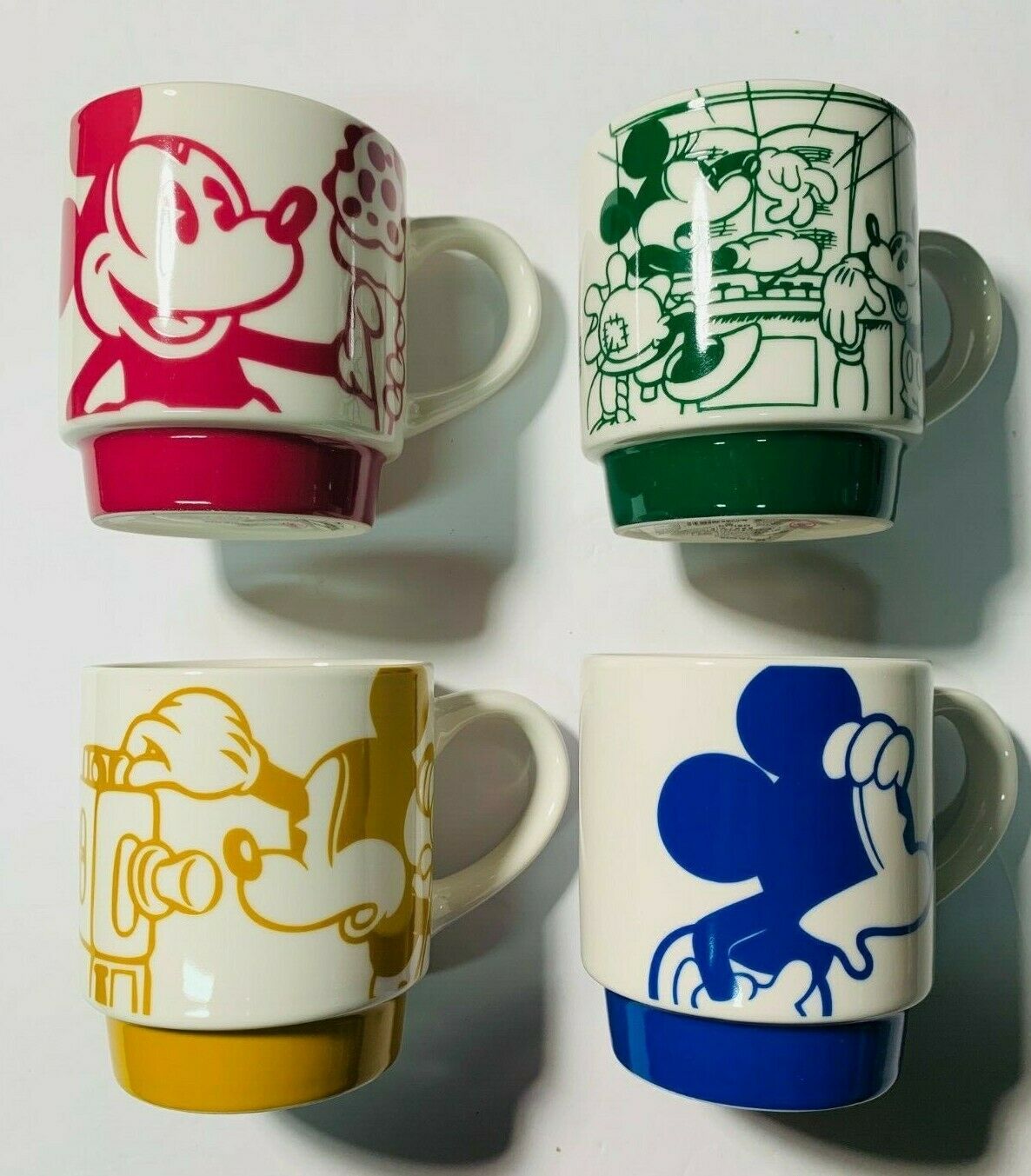 Daiso Disney Mickey Mouse Porcelain Stacking Retro Mugs Set Of 4 -new *us Seller