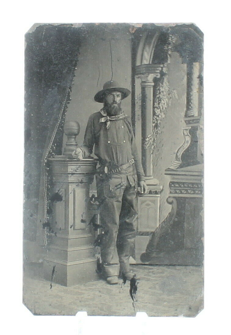 Antique Tintype Photo Western Cowboy Mountain Man Gun Belt Hat Chaps - #561
