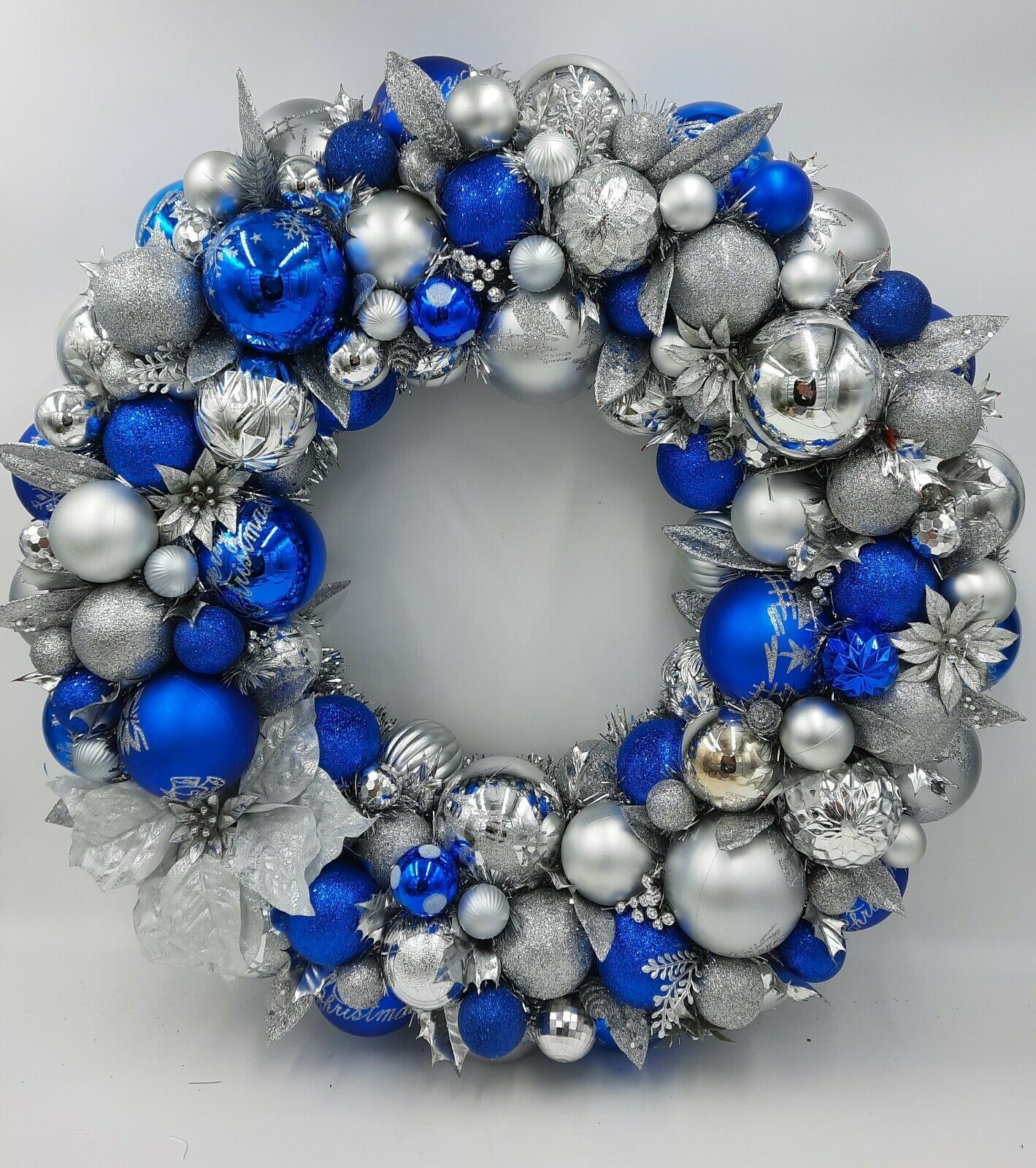 Silver & Blue Bonanza Christmas Ornament Wreath