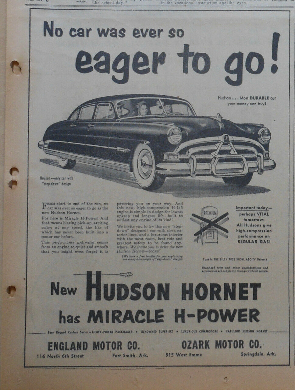 1951 Newspaper Ad For Hudson - No Car Ever So Eager To Go! 1951 Hornet