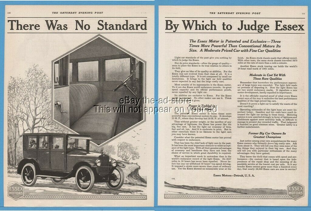 1920 Hudson Motor Car Co. Deroit Mi Essex Four Door Sedan Interior Motor Car Ad