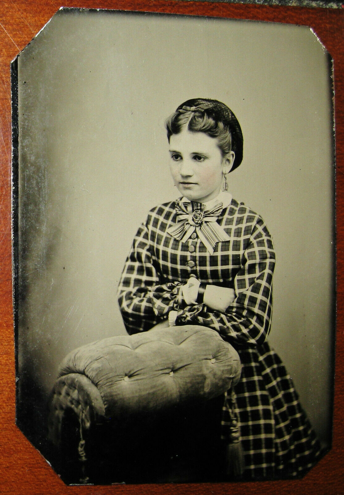 Tintype Photo Beautiful Young Woman W/ Hair In Snood Wearing Lovely Plaid Dress