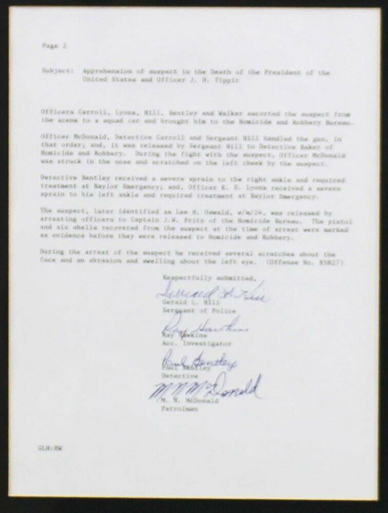Signed Report Lee Harvey Oswald Capture Jfk John F Kennedy Assasin Coa