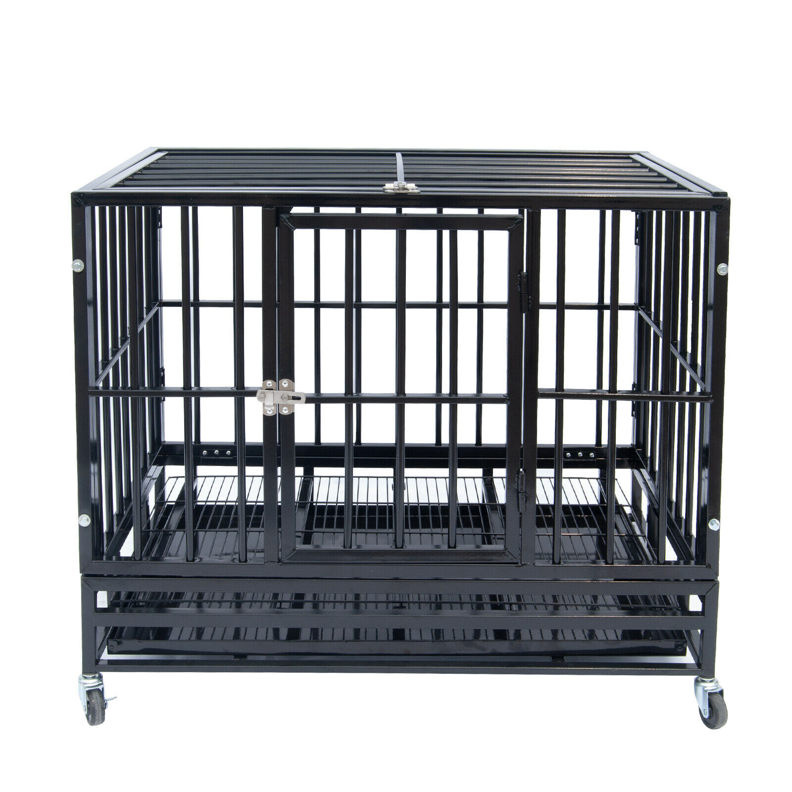 37" Heavy Duty Pet Dog Cage Strong Metal Crate Kennel Playpen W/ Wheels&tray
