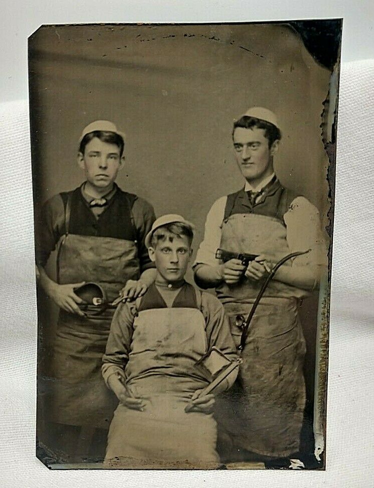 1880's Tintype Photo Of Harness Maker & Apprentices W/ Tools
