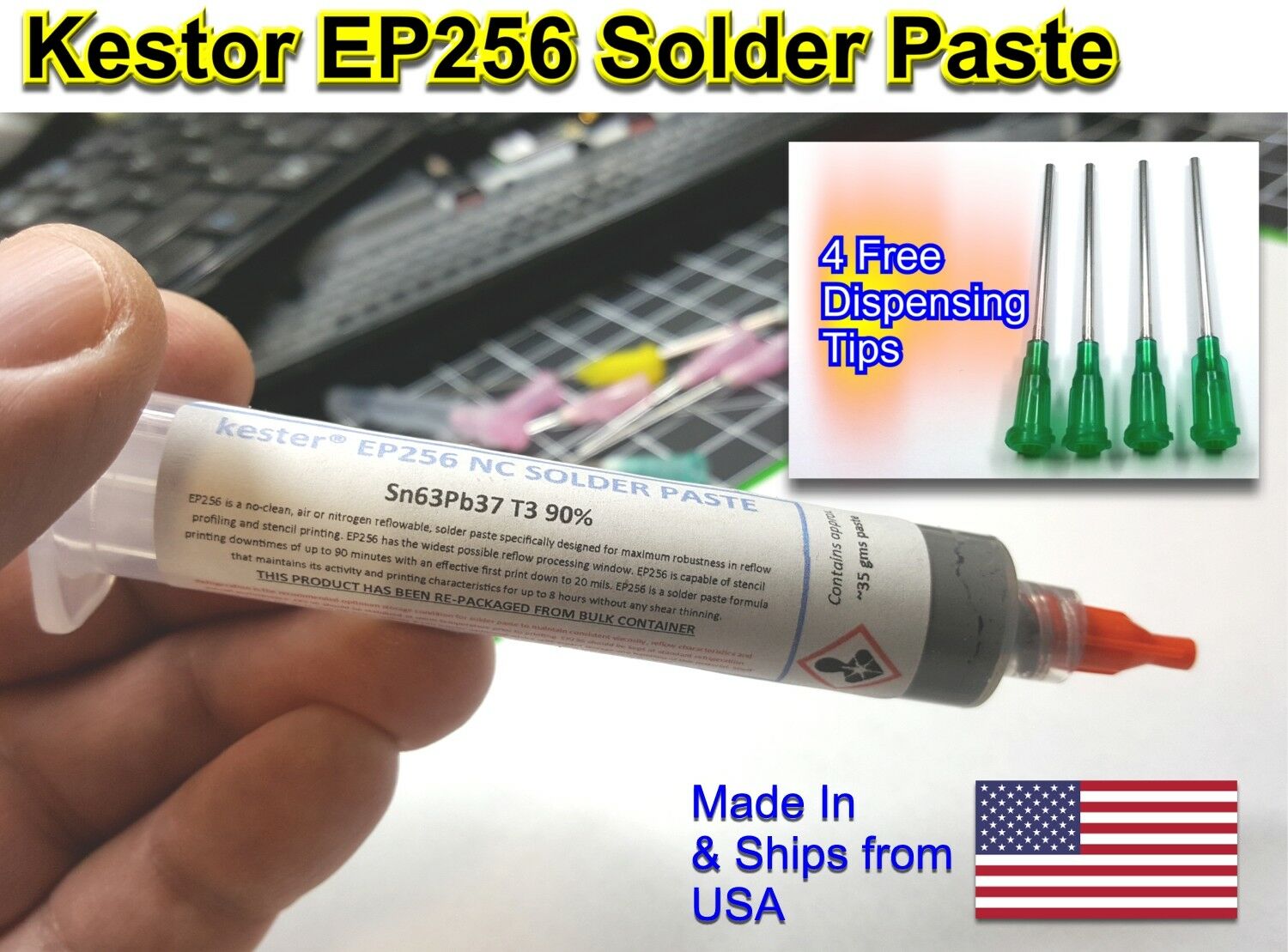 Kester Ep256 Lead Solder Paste 63/37 Syringe Dispenser W/additional Tips