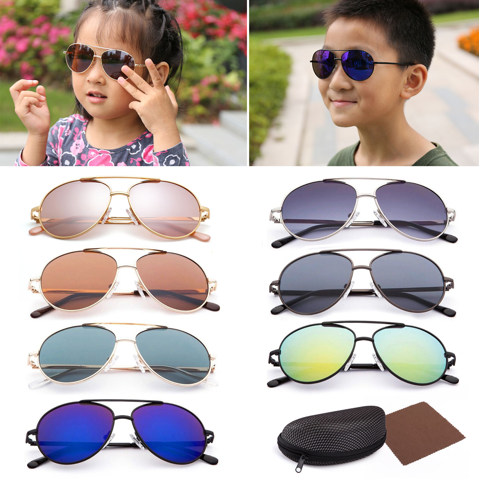 Vintage Aviator Sunglasses For Boys Girls Kids Child Toddler Baby Eyewear Case