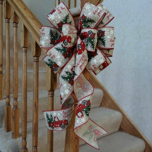 10" Wide Burlap Type Christmas Bow~red Truck~decoration For Wreaths Crafts Gifts