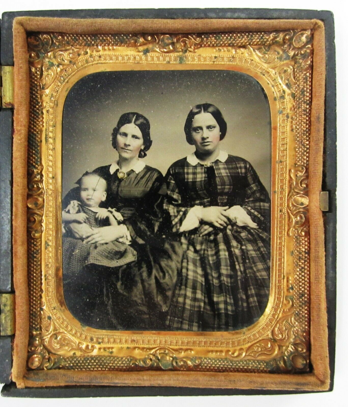 Antique Tintype Photo Gutta Percha Case Two Women Baby Hand Tinted C. 1860-70s