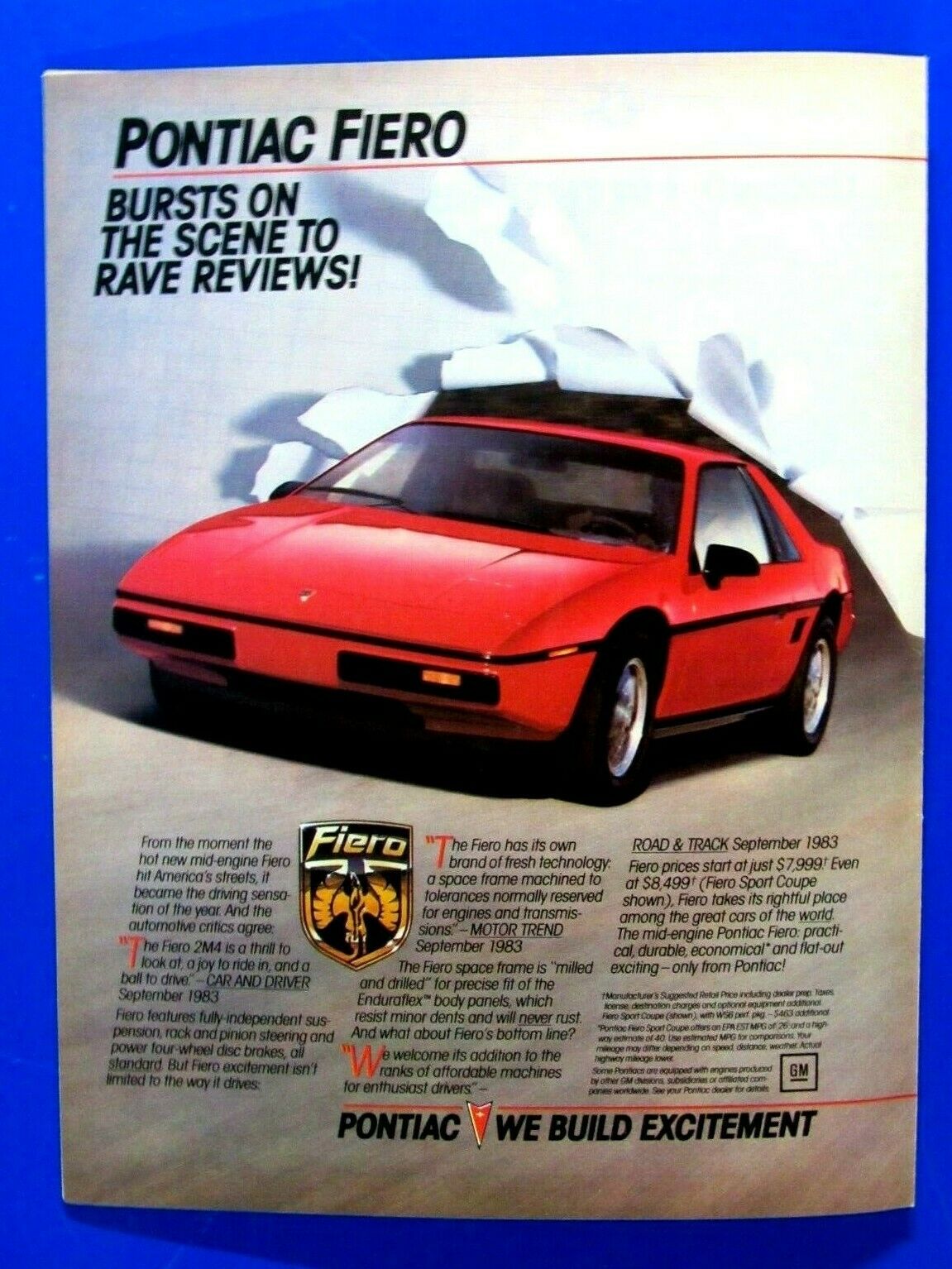 1984 Pontiac Fiero Burst On Scene To Rave Reviews! Original Print Ad 8.5 X 11"