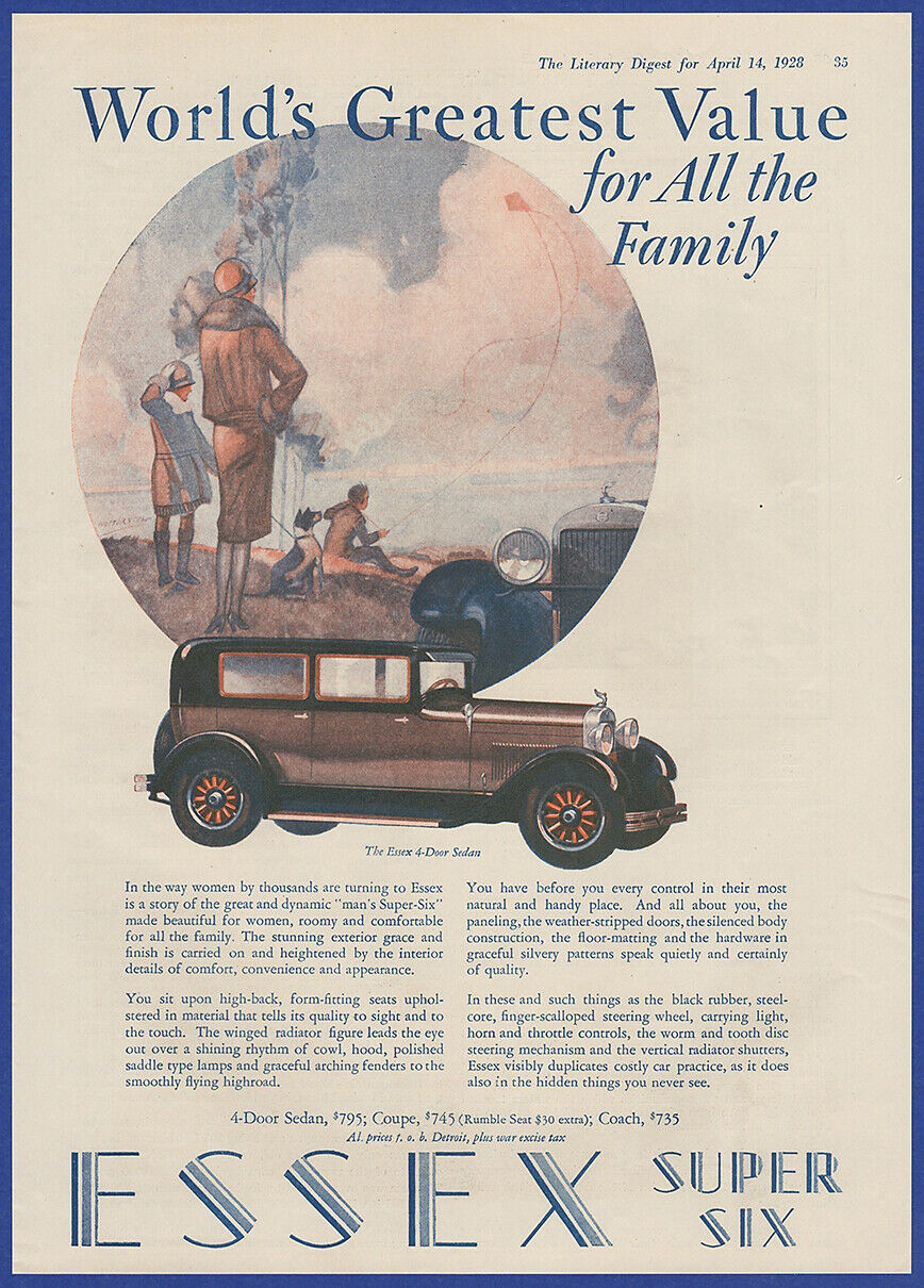 Vintage 1928 Hudson Essex Super Six 4 Door Sedan Automobile Car 20's Print Ad