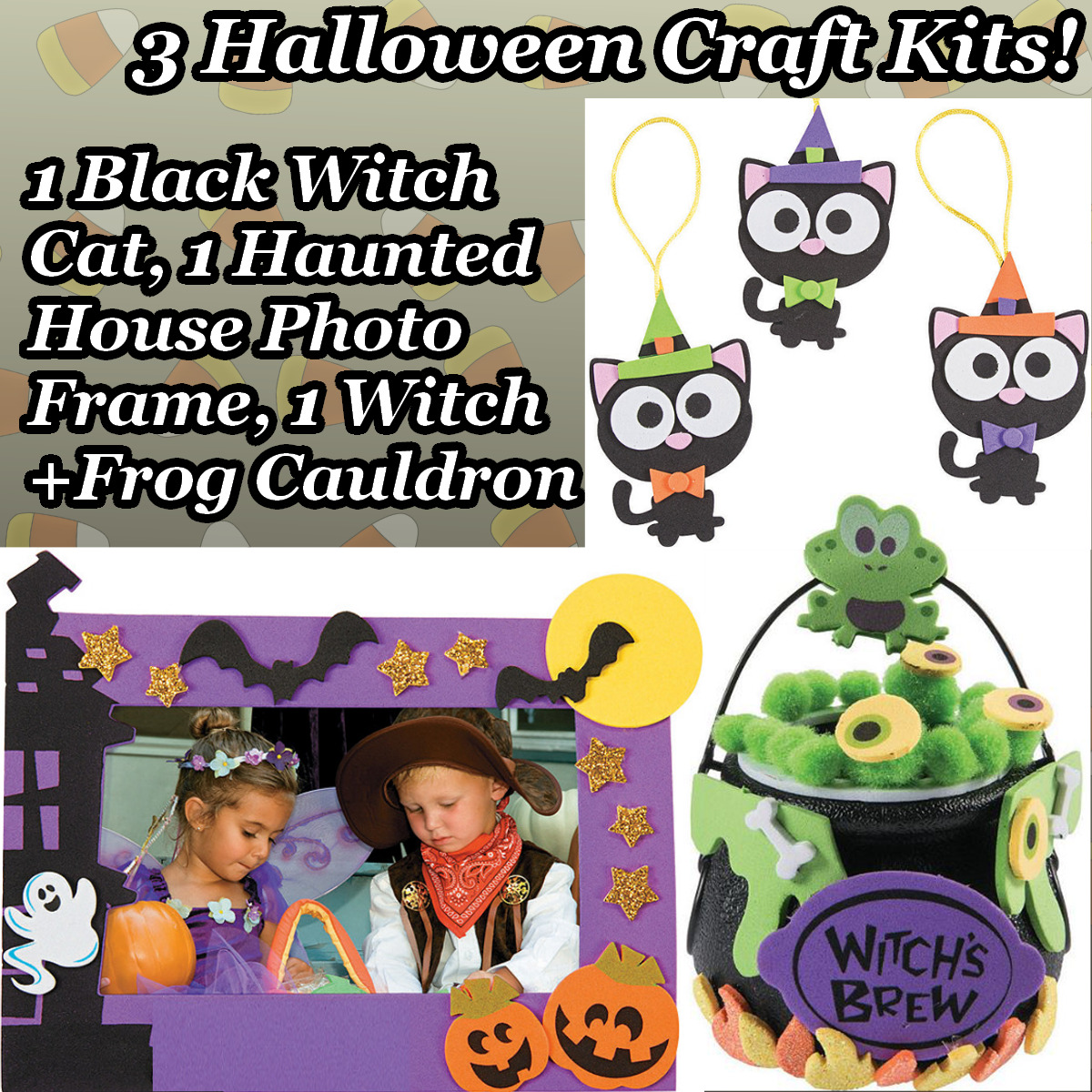 3 Kids Halloween Craft Kits Cat, Witch Cauldron, Haunted House Frame 15% Off $35