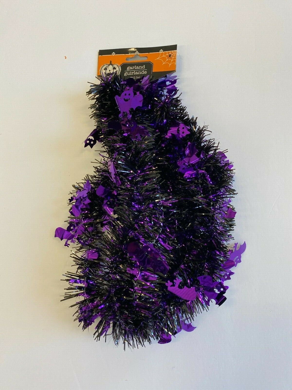 1 Pk 9ft. Black + Purple Tinsel Garland W/ Purple Bats  Decor Party Halloween