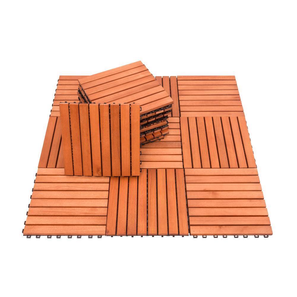 10pcs 12" X 12" Eucalyptus Deck Tiles Interlocking Patio Pavers Stripe Pattern