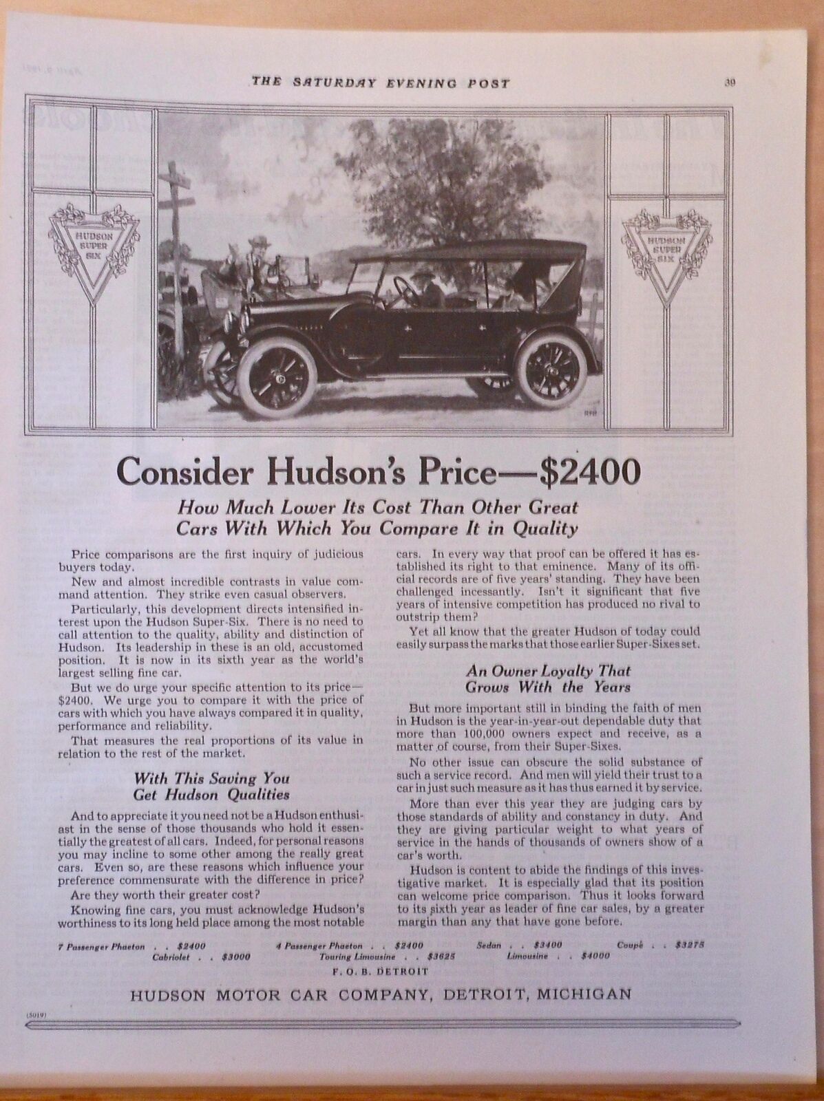 Vintage 1921 Magazine Ad For Hudson - Consider Hudson's Price, Compare Quality