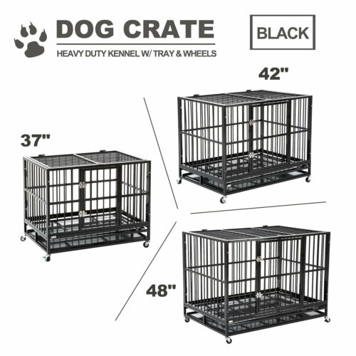 37"/42"/48" Dog Cage Crate Heavy Duty Kennel Metal Playpen Pet Wheels Tray