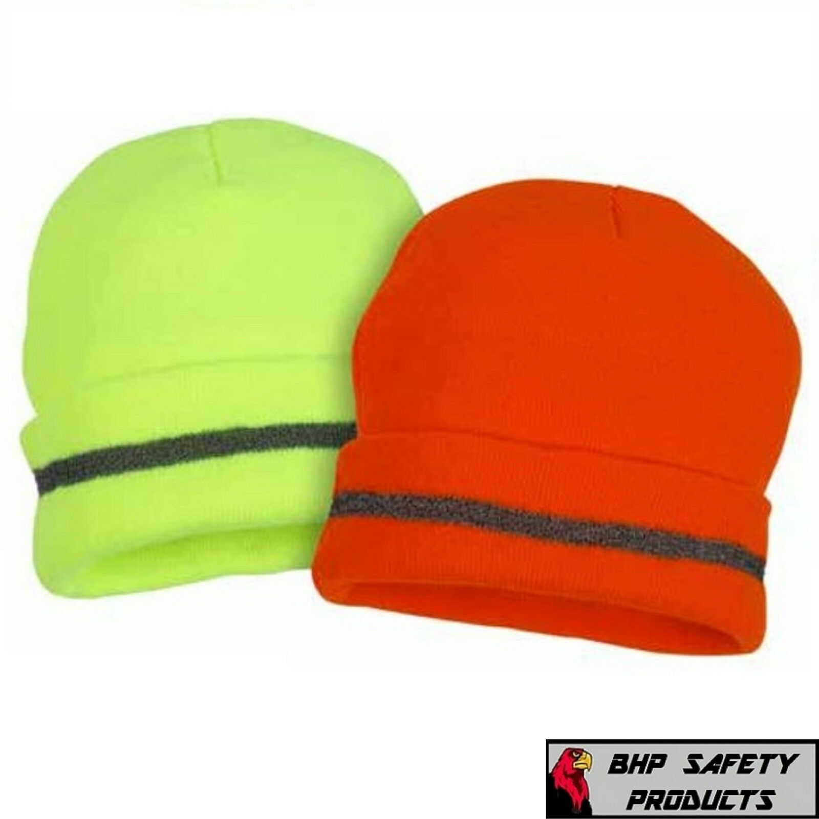 Neon Yellow Or Orange Winter Knit Safety Beanie Reflective Cap Hat (1 Each)