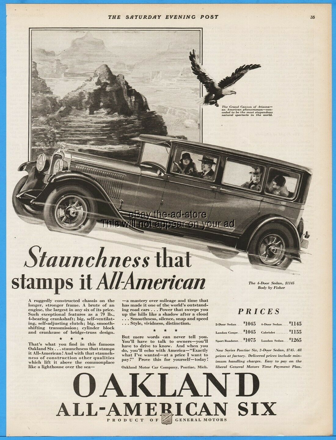 1928 Pontiac Six 4-door Sedan Oakland Motor Car Michigan Gm Grand Canyon Az Ad