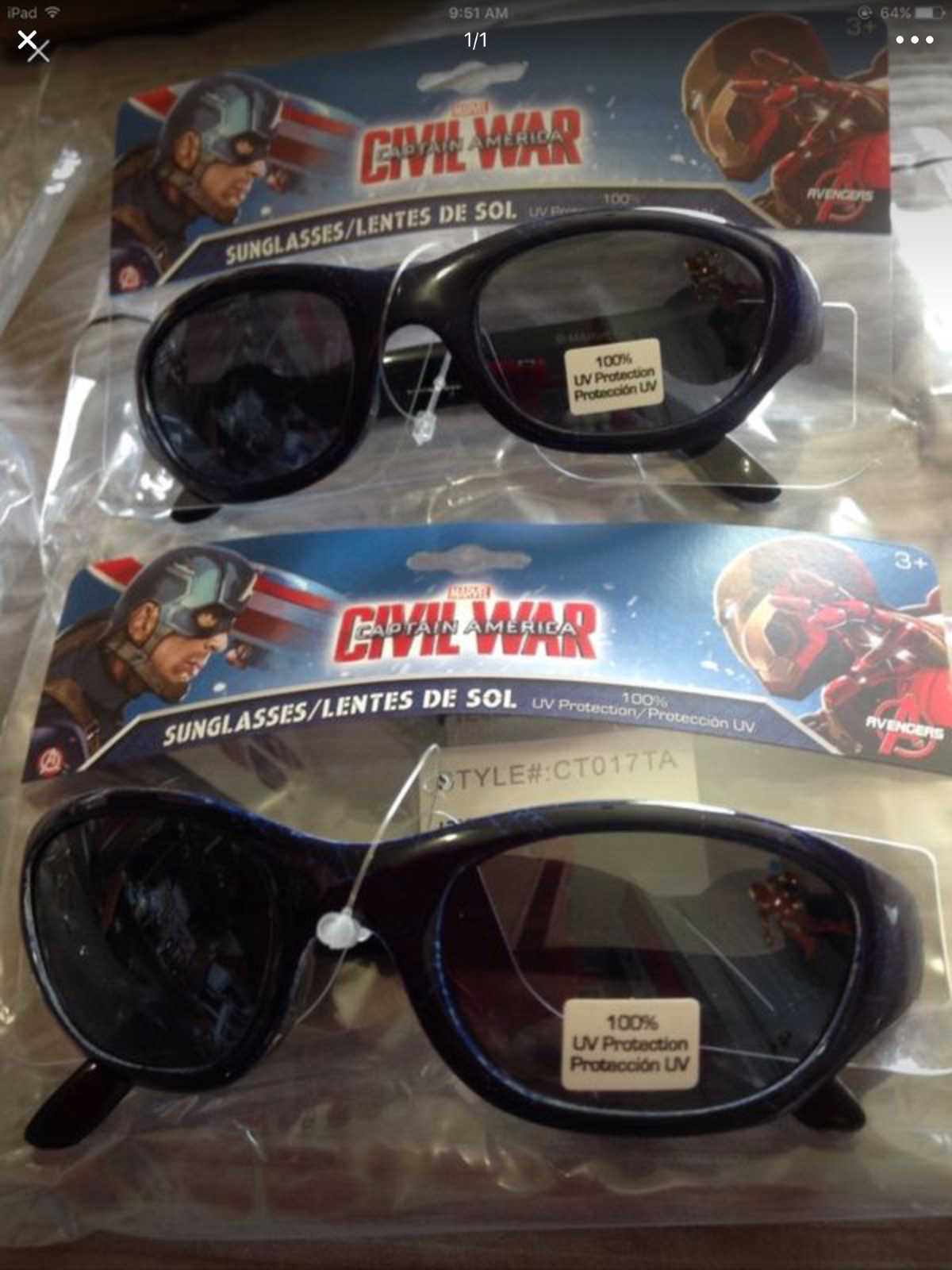 2 Captain America Civil War Boys Sunglasses100% Uv Protection Children's 3+