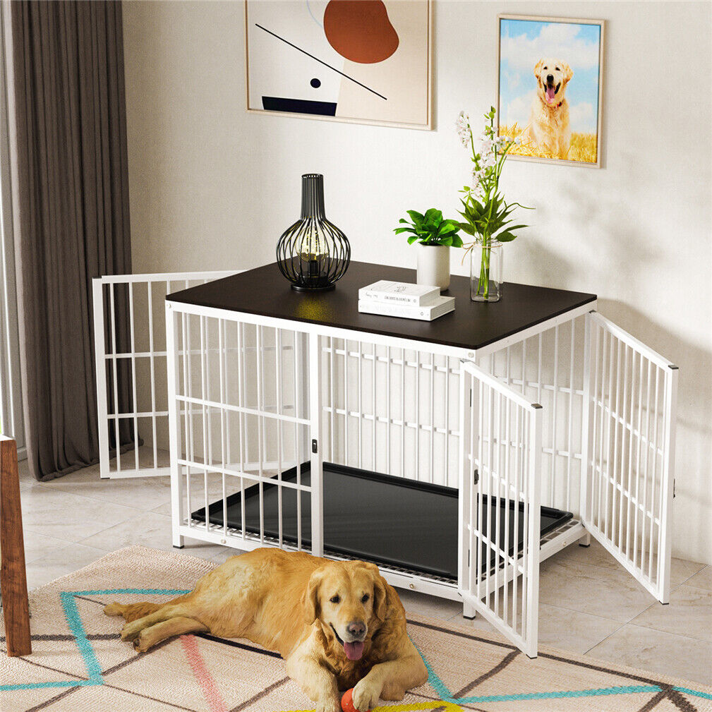 L/xl Furniture Type Dog Crate Kennel End Table W/ 3 Opening Doors Removable Tray