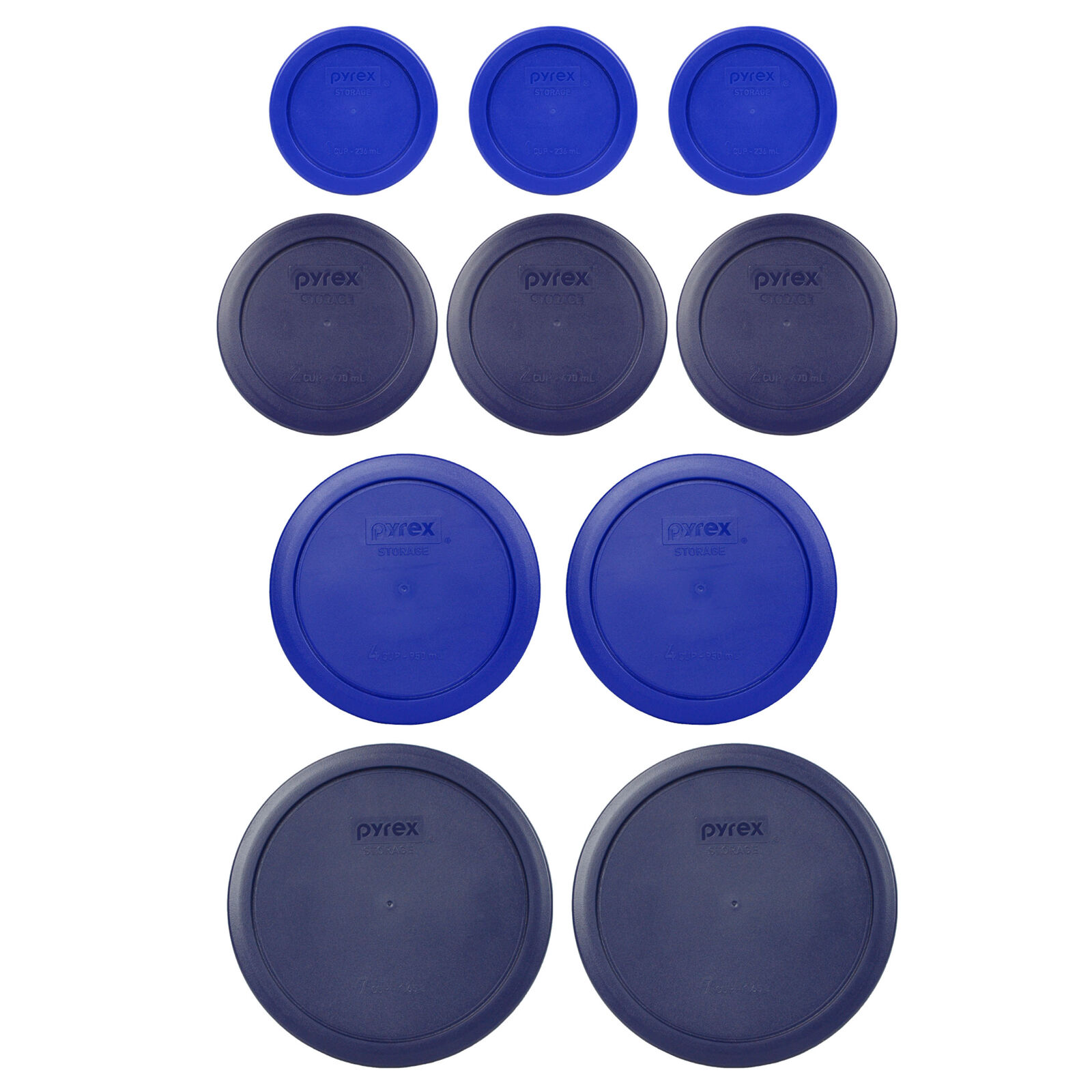 Pyrex (3) 7202 Blue (3) 7200 Dark Blue (2) 7201 Blue (2) 7402 Dark Blue Lids