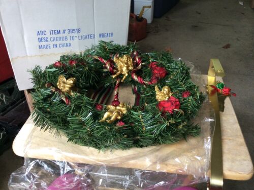 Lighted Christmas Door Wreath With Cherubs, Angel 16” In Box 1995