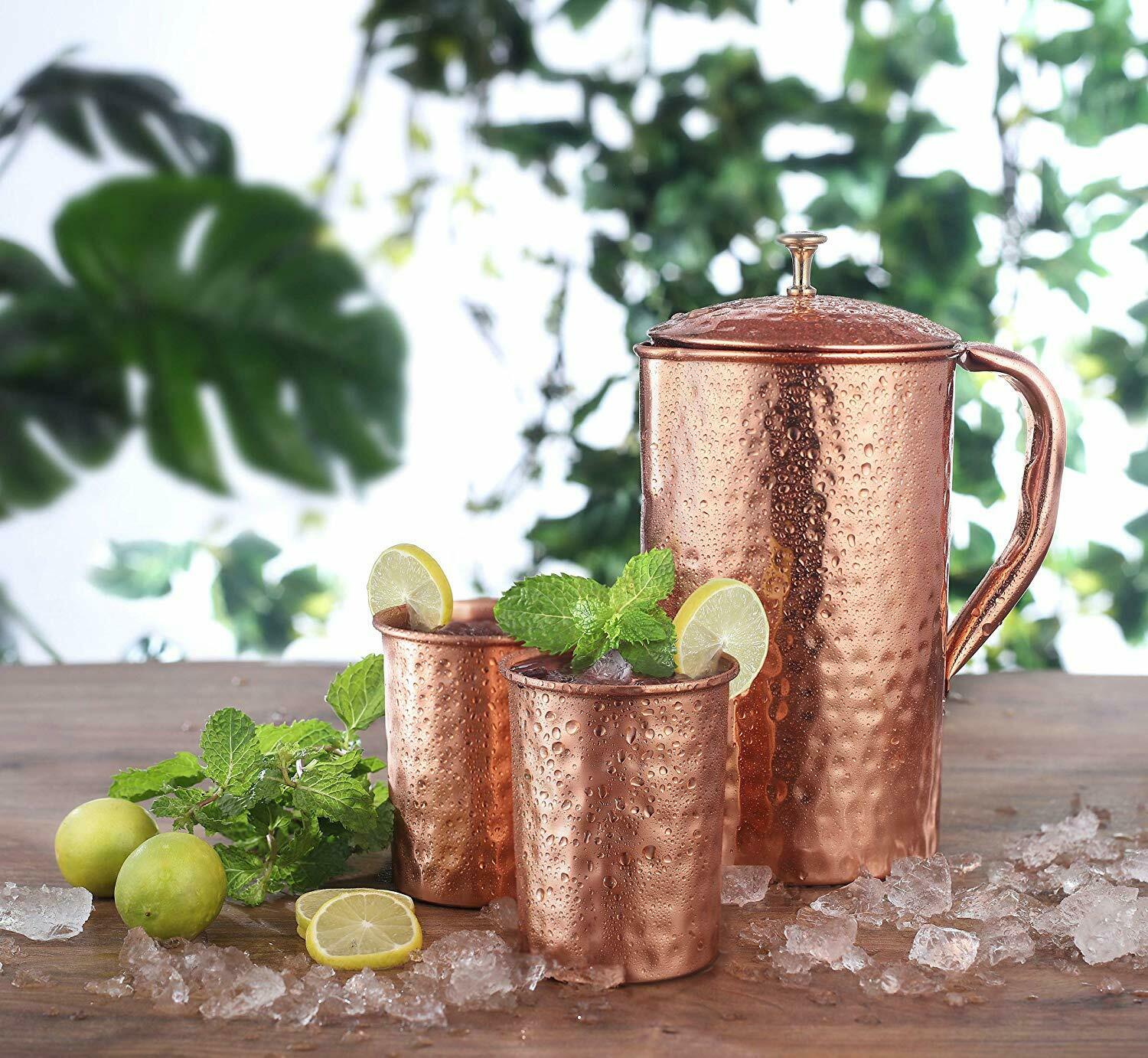 Avador Handcrafted 100% Pure Copper Jug Pitcher With 2 Glass Drinkware Hammered