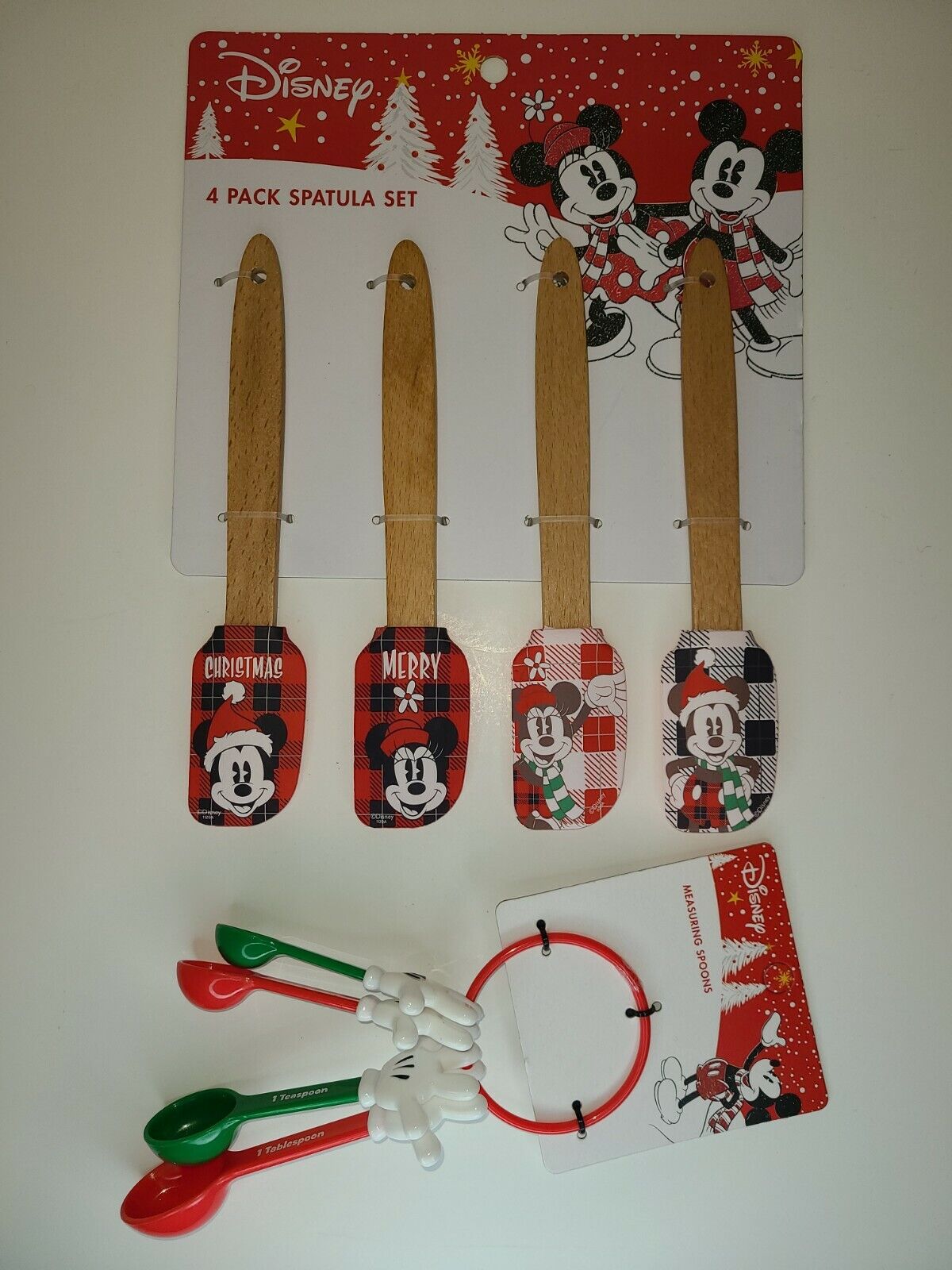 New Disney Xmas Baking 8" Spatulas Minnie Mickey Mouse Hands Measuring Spoons