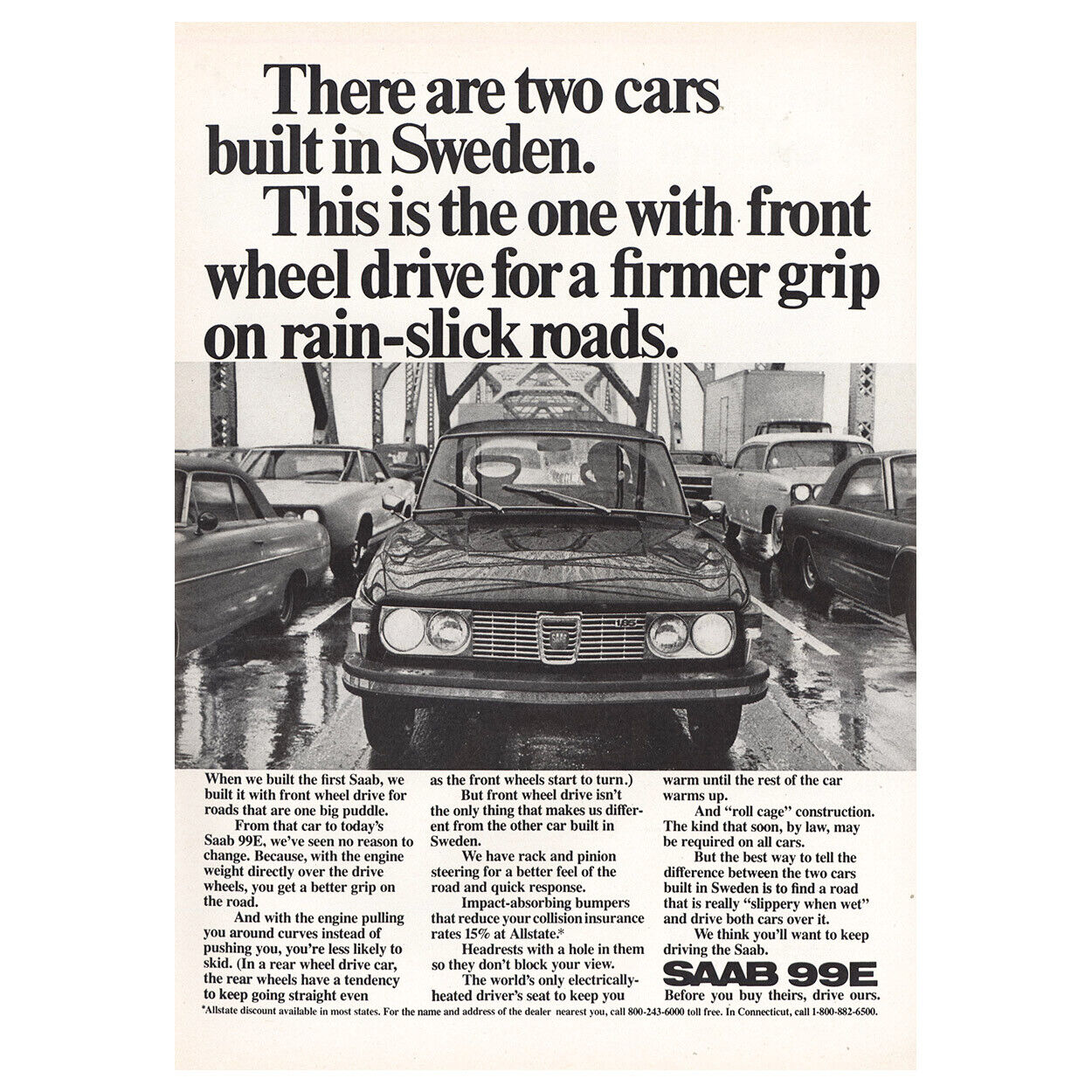 1972 Saab 99e: Firmer Grip Rain Slick Roads Vintage Print Ad