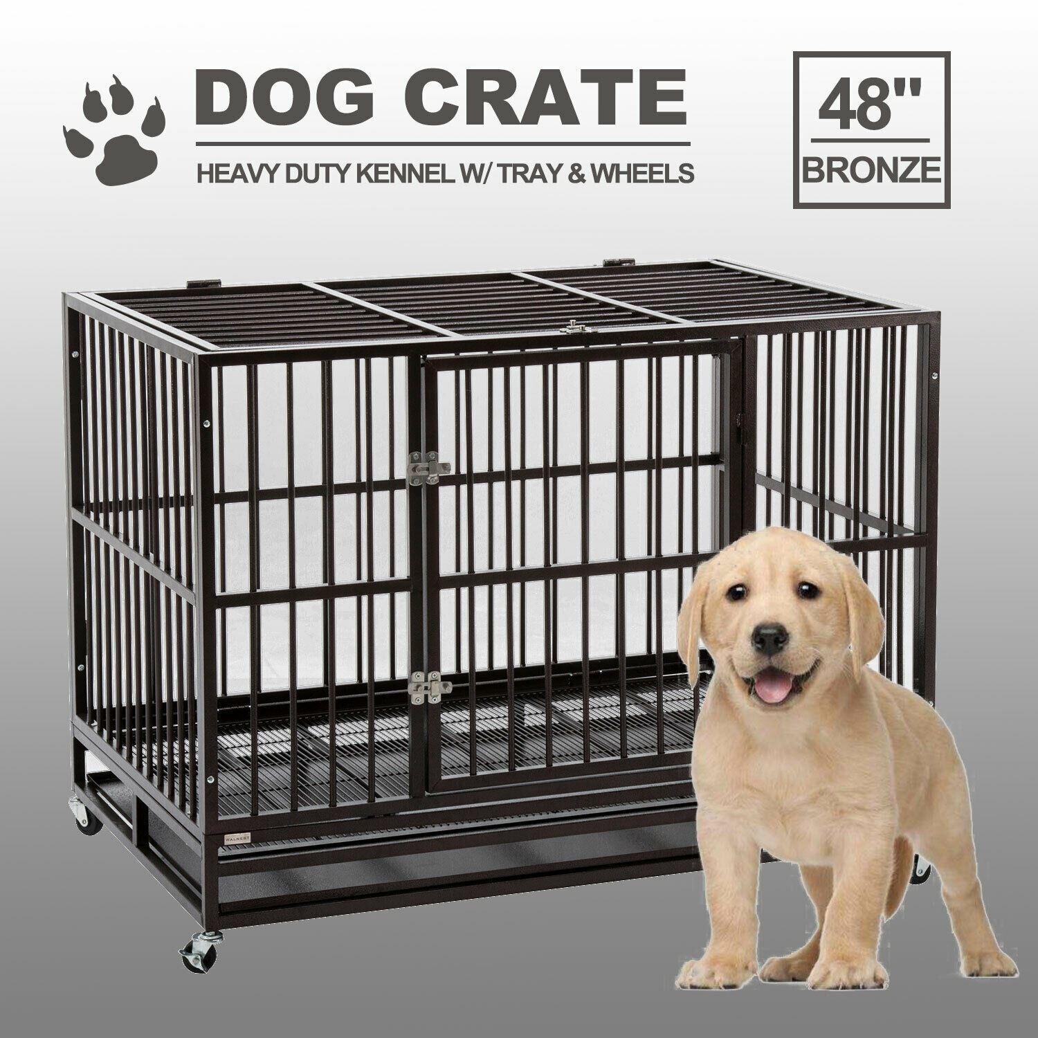 Xl 48" Dog Crate Large Kennel Cage Heavy Duty Metal Pet Playpen W/wheels & Tray