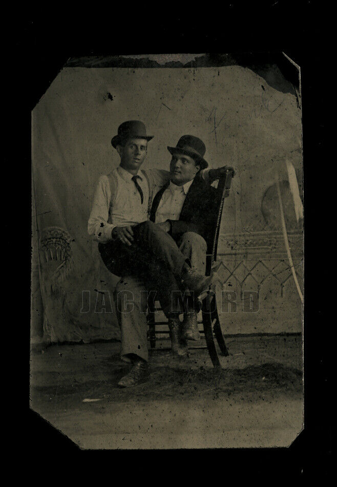 Two Men, One Sitting In Friend's Lap! Antique Tintype Photo, Gay Interest
