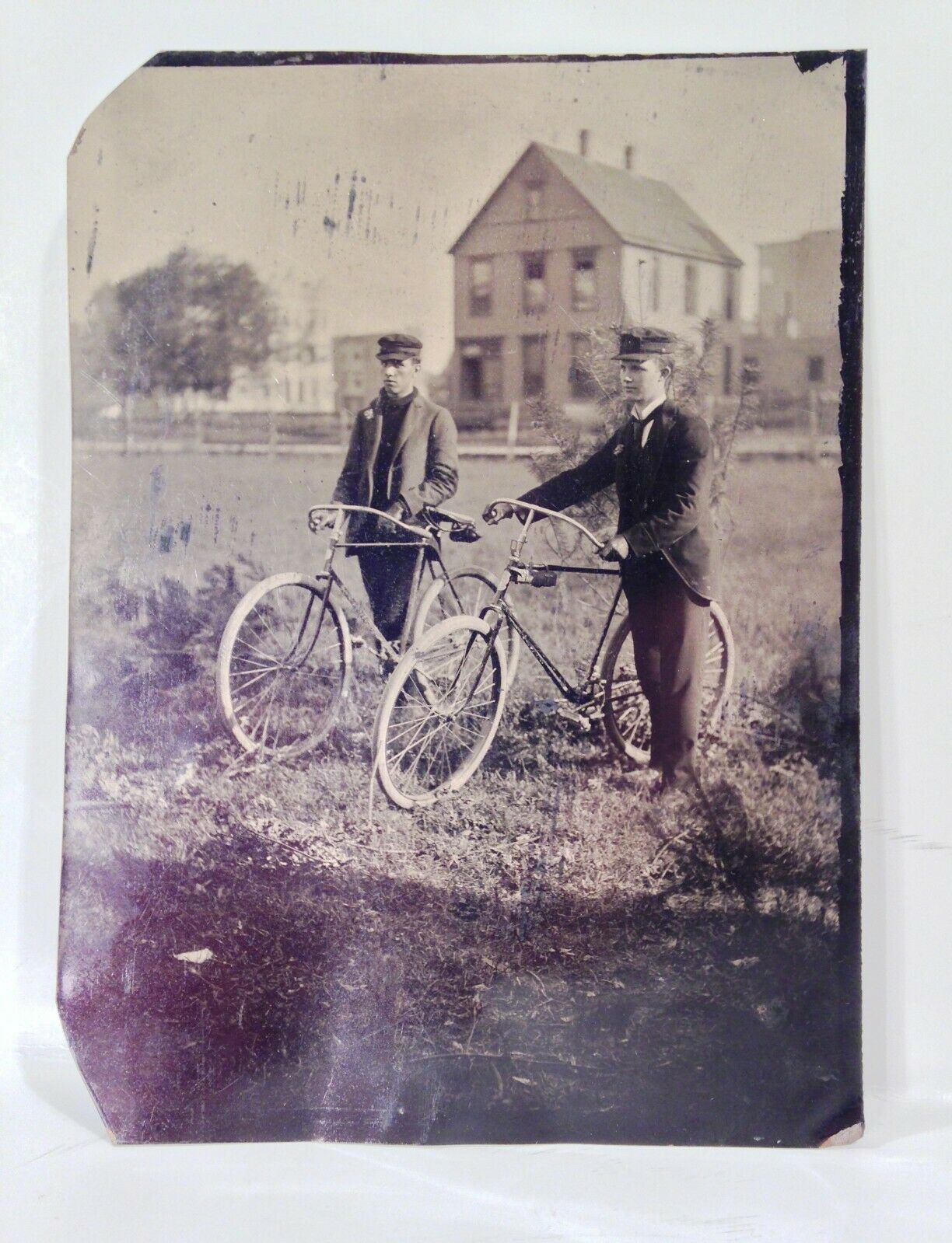 Vintage Antique 1890's Safety Bicycle Tintype Photo W/ Two Men Large Size 5x7