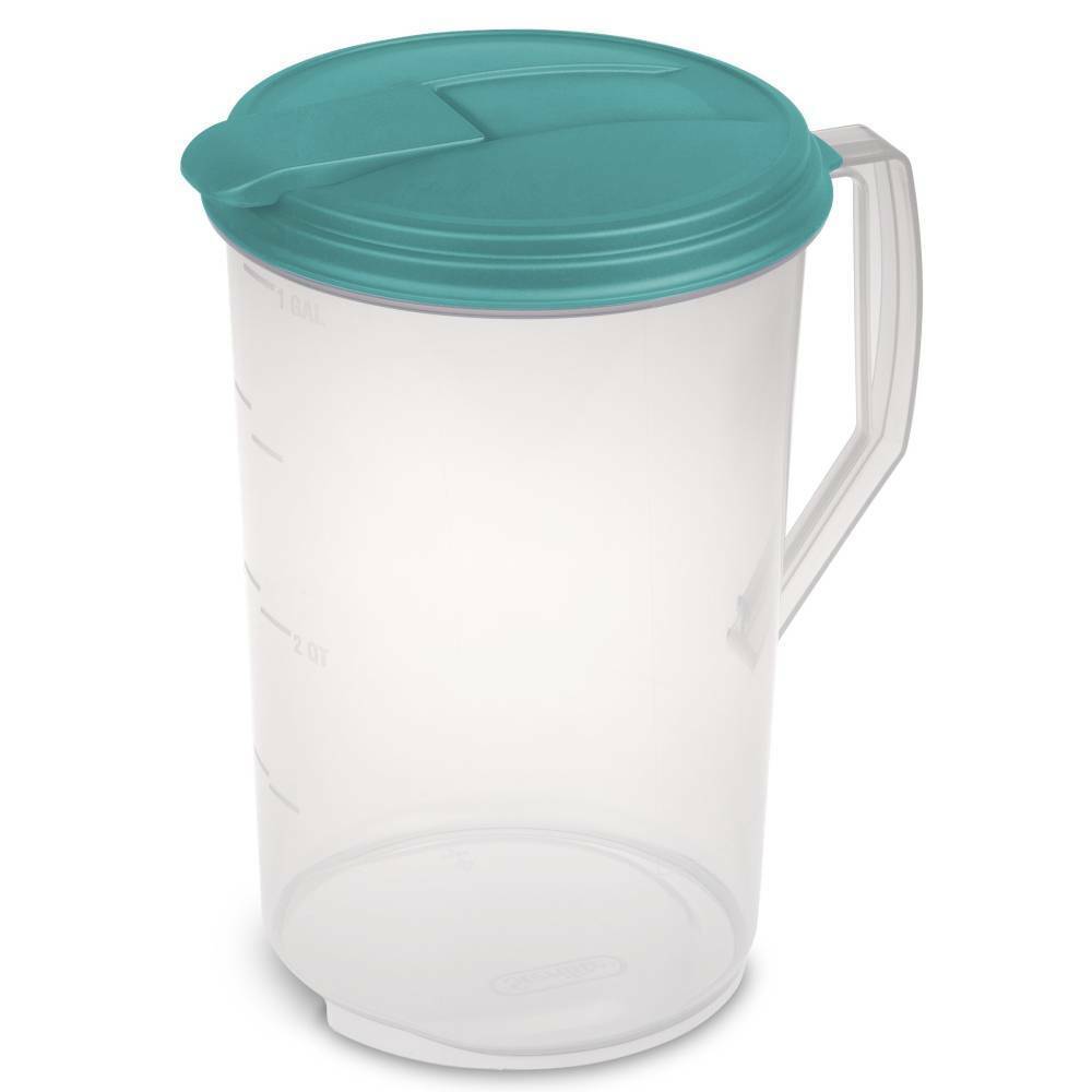 Sterilite Pitcher Plastic Round 1 Gallon 3.8 Liter, Clear With Blue Atoll Lid