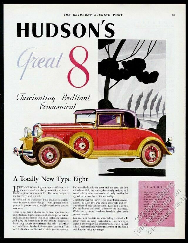 1930 Hudson Great Eight Coupe Car Color Art Vintage Print Ad