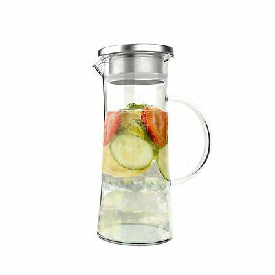 Slim Glass Pitcher Cold Tea Coffee Lemonade Stainless Steel Lid Easy Pour