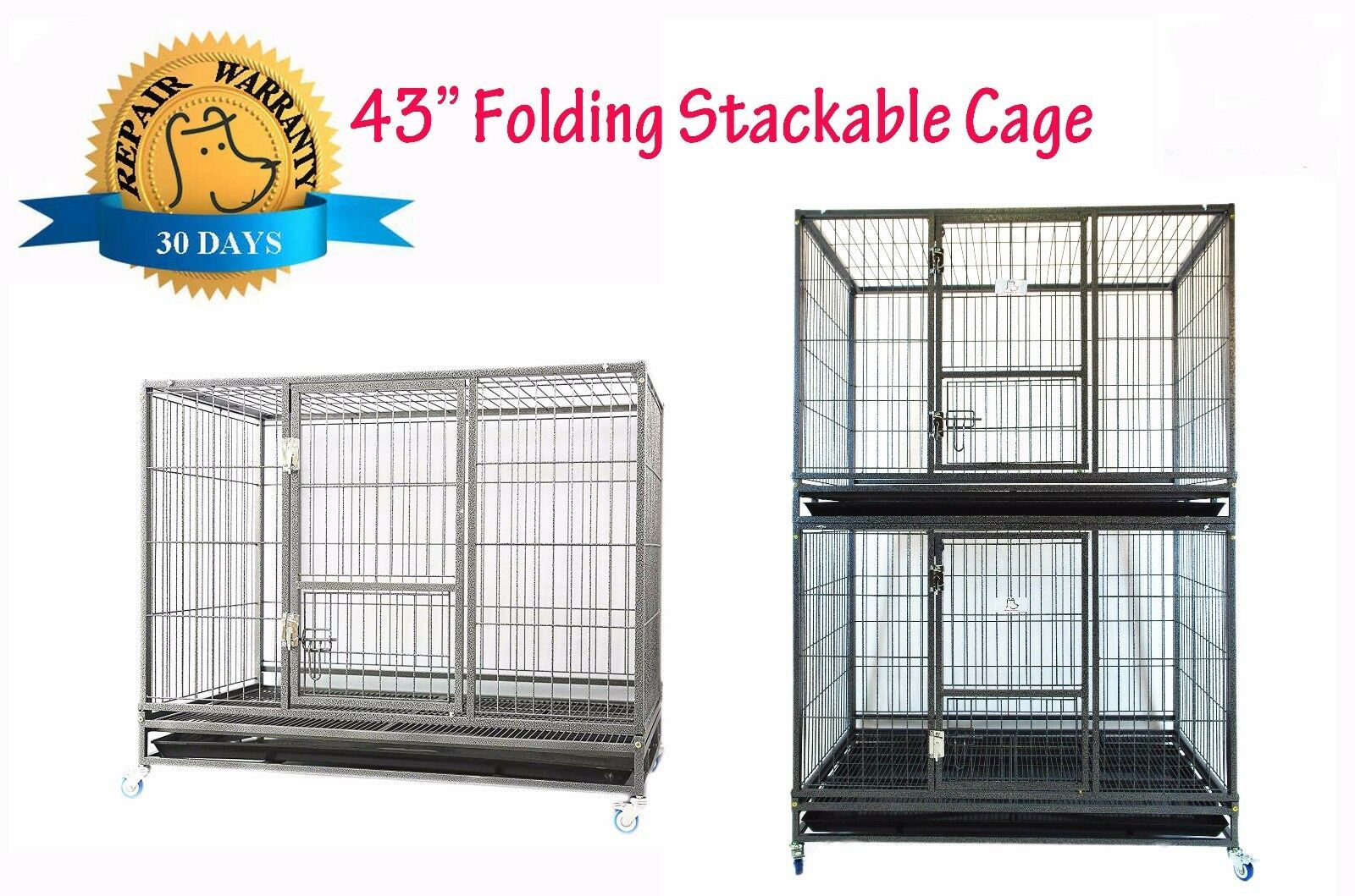 New Homey Pet 43" Stackable Heavy Duty Metal Dog Crate Cage Tray Or Plastic Grid