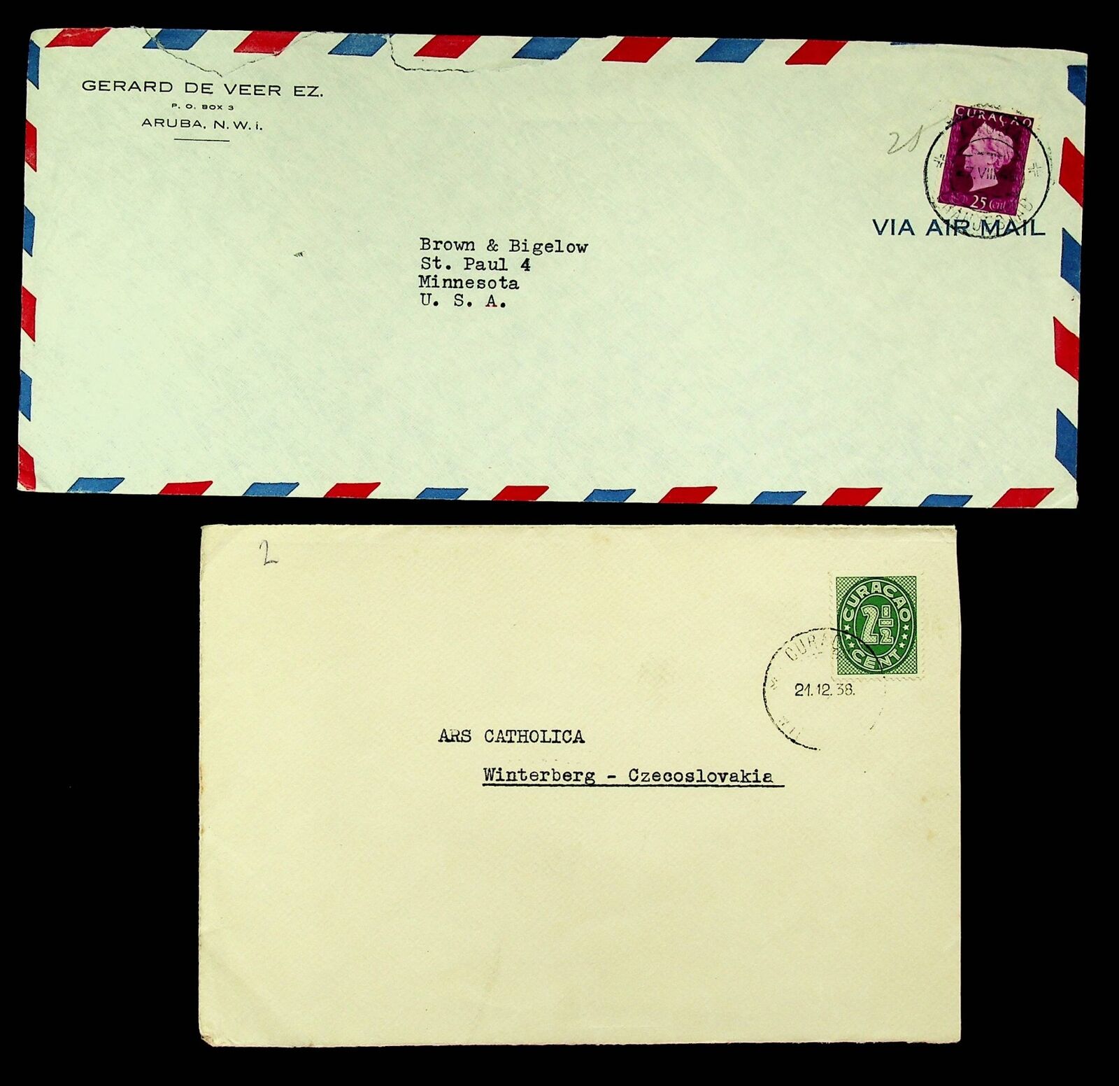 Curacao Set Of 2 Covers With 2v, 1 Airmail To Usa & Czechoslovakia